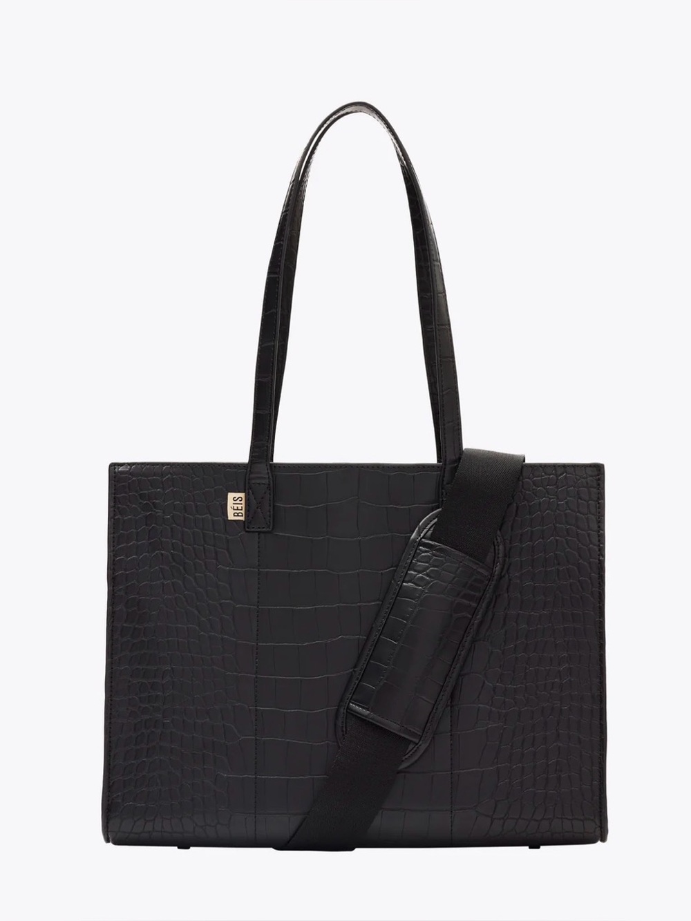 BEIS Black Croc-Embossed Tote with Padded Strap - Picture 4 of 10